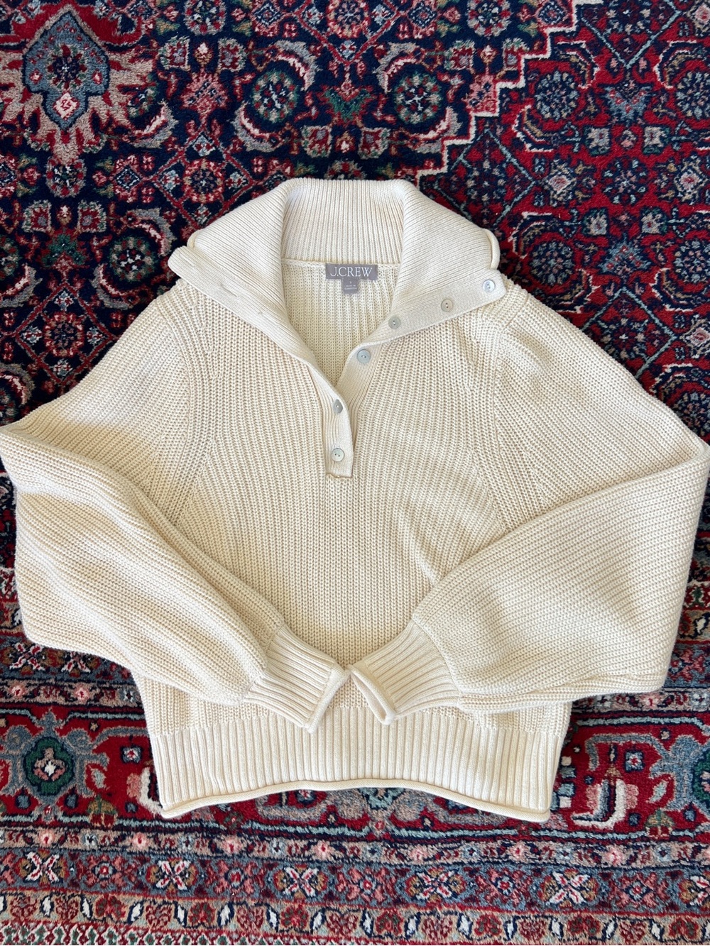 J Crew NWOT Womens White Cream Ribbed Cotton Button Collar Sweater Small